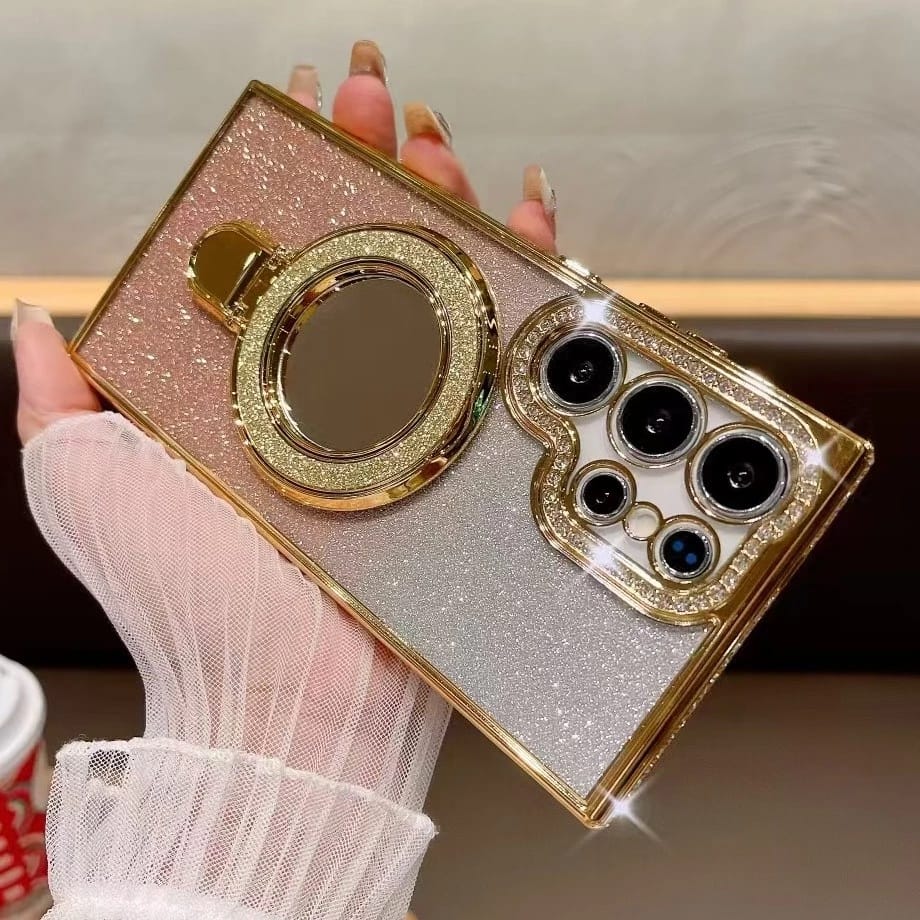 Luxury Glitter Mirror Gradient Colors Diamond Camera Lens Case Kickstand Mobile Shell for Samsung